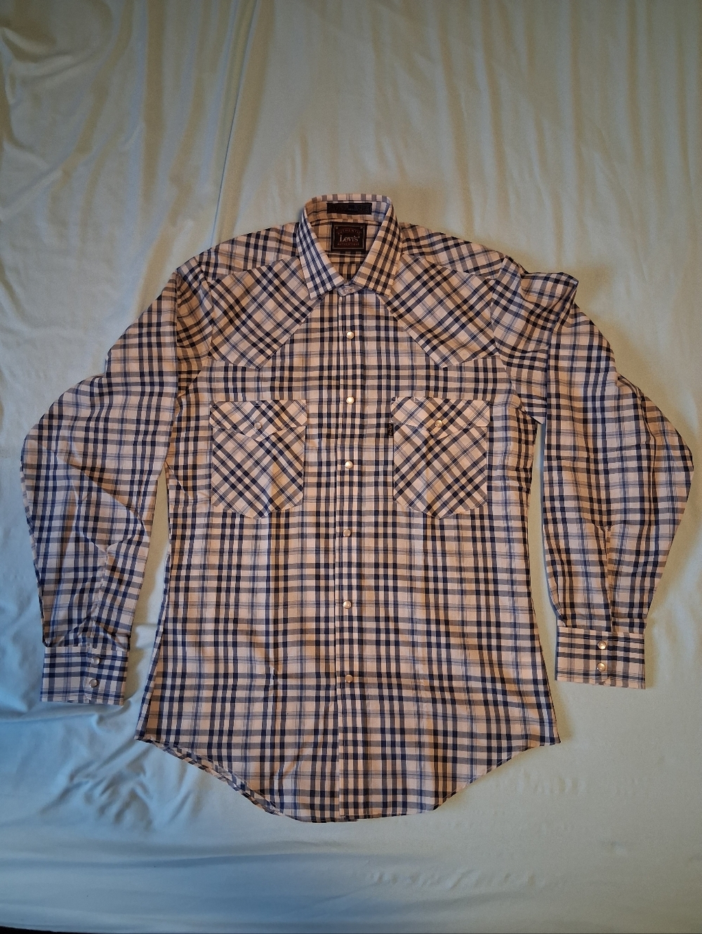 VTG 1980s Levi's Black Tab Blue & White Plaid Western Long Sleeve Shirt Adult S